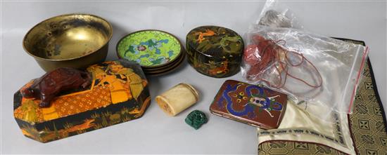 A group of Chinese pendants and items of lacquerware etc